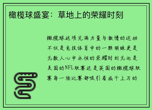 橄榄球盛宴：草地上的荣耀时刻